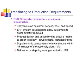 © Wiley 2010 20
Translating to Production Requirements
 Dell Computer example – structure &
infrastructure

They focus on customer service, cost, and speed
 ERP system developed to allow customers to
order directly from Dell
 Product design and assembly line allow a “make
to order” strategy – lowers costs, increases turns
 Suppliers ship components to a warehouse within
15 minutes of the assembly plant - VMI
 Dell set up a shipping arrangement with UPS
 