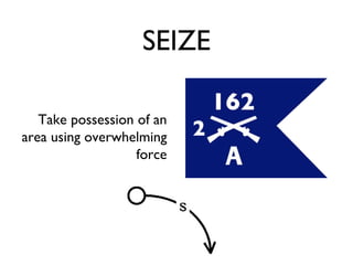 SEIZE Take possession of an area using overwhelming force 