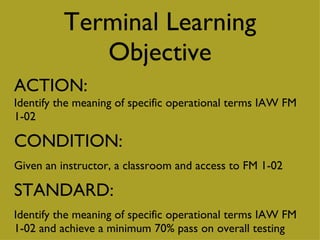 Terminal Learning Objective ACTION:  Identify the meaning of specific operational terms IAW FM 1-02 CONDITION:  Given an instructor, a classroom and access to FM 1-02 STANDARD:  Identify the meaning of specific operational terms IAW FM 1-02 and achieve a minimum 70% pass on overall testing 