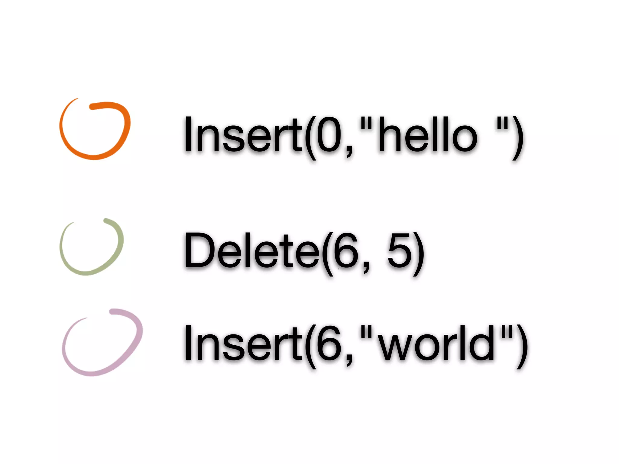 Insert(0,"hello ")

Delete(6, 5)
Insert(6,"world")
 