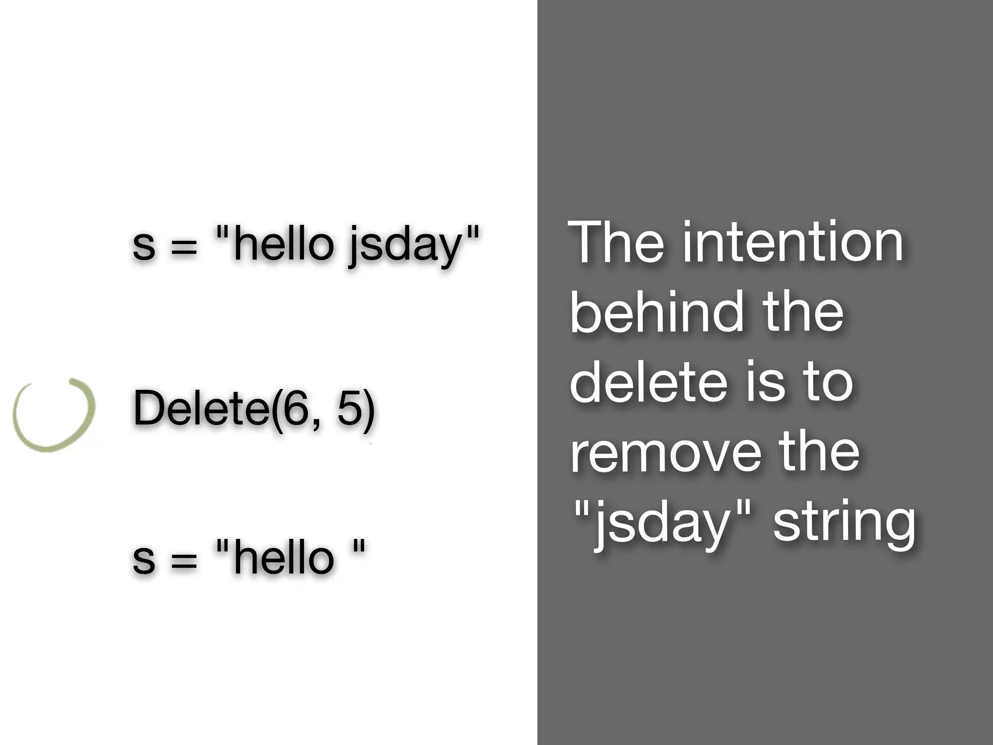 s = "hello jsday"   The intention
                    behind the
Delete(6, 5)        delete is to
                    remove the
                    "jsday" string
s = "hello "
 