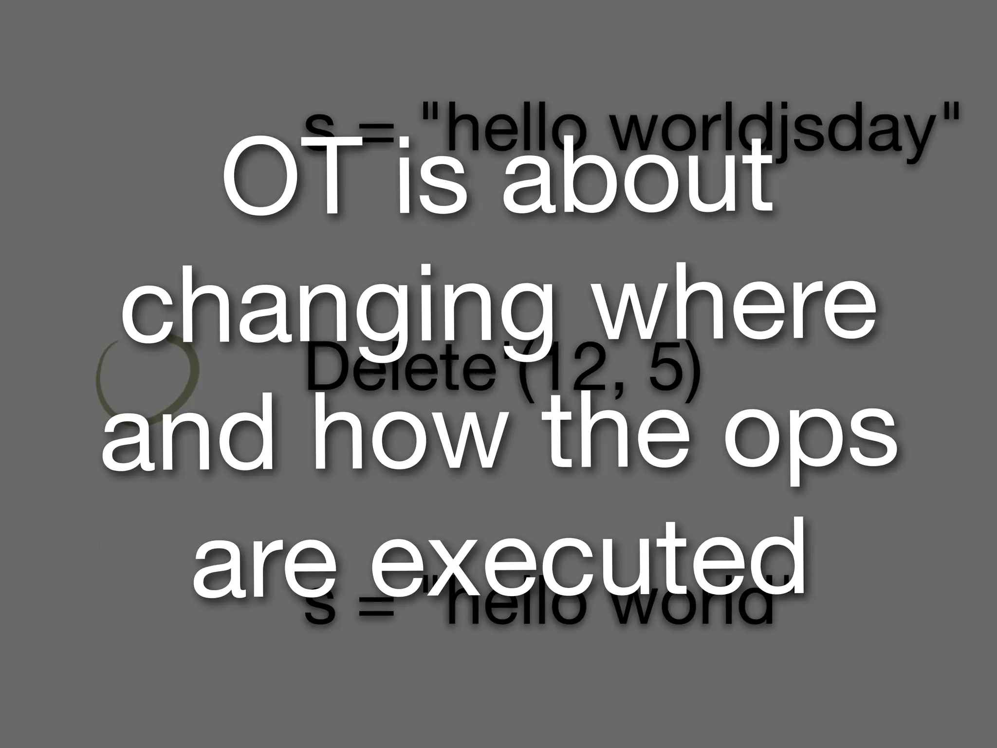 s = "hello worldjsday"
   OT is about
changing where
    Delete'(12, 5)
and how the ops
  are = "hello uted
    s exec world"
 