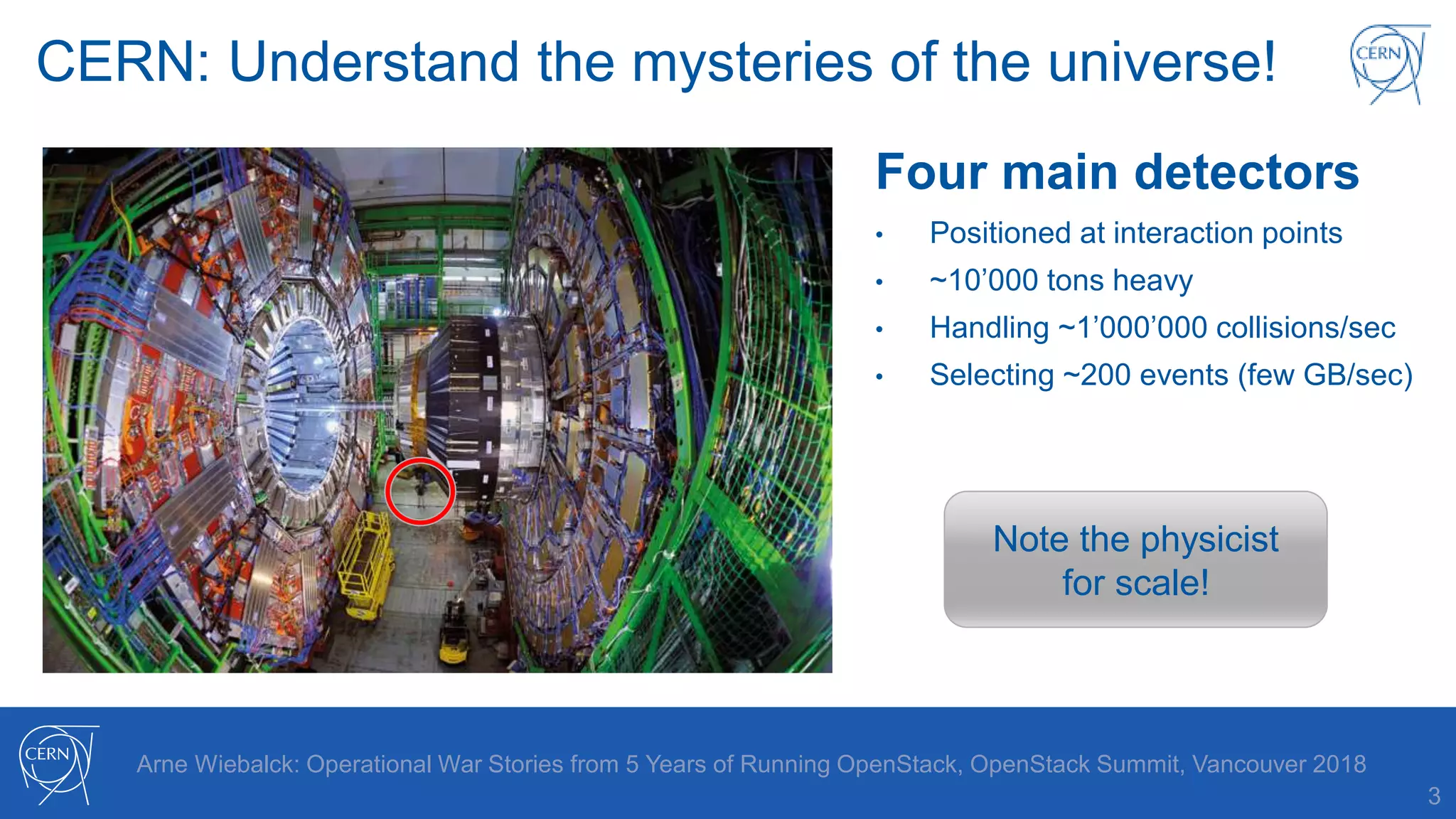 CERN: Understand the mysteries of the universe!
Arne Wiebalck: Operational War Stories from 5 Years of Running OpenStack, OpenStack Summit, Vancouver 2018
3
Four main detectors
• Positioned at interaction points
• ~10’000 tons heavy
• Handling ~1’000’000 collisions/sec
• Selecting ~200 events (few GB/sec)
Note the physicist
for scale!
 