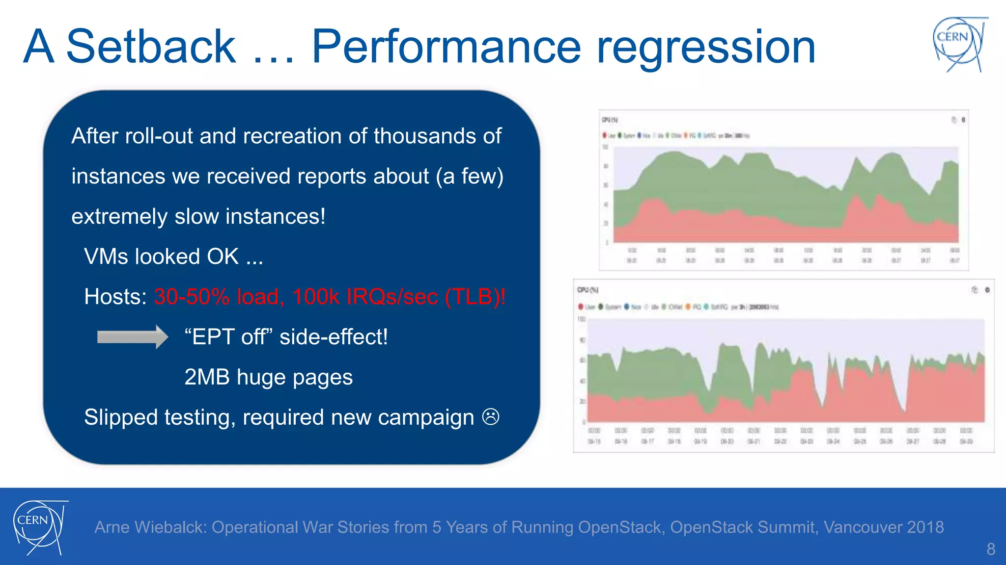 A Setback … Performance regression
8
Arne Wiebalck: Operational War Stories from 5 Years of Running OpenStack, OpenStack Summit, Vancouver 2018
After roll-out and recreation of thousands of
instances we received reports about (a few)
extremely slow instances!
VMs looked OK ...
Hosts: 30-50% load, 100k IRQs/sec (TLB)!
“EPT off” side-effect!
2MB huge pages
Slipped testing, required new campaign 
 