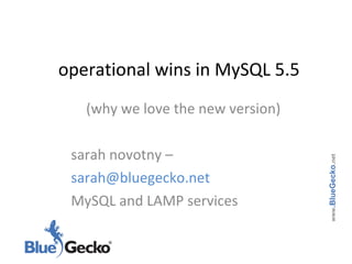 operational wins in MySQL 5.5 (why we love the new version) sarah novotny – sarah@bluegecko.net  MySQL and LAMP services www .BlueGecko . net 
