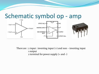 Schematic symbol op - amp

There are : 2 input : inverting input (+) and non – inverting input
1 output
2 terminal for power supply (+ and -)

 