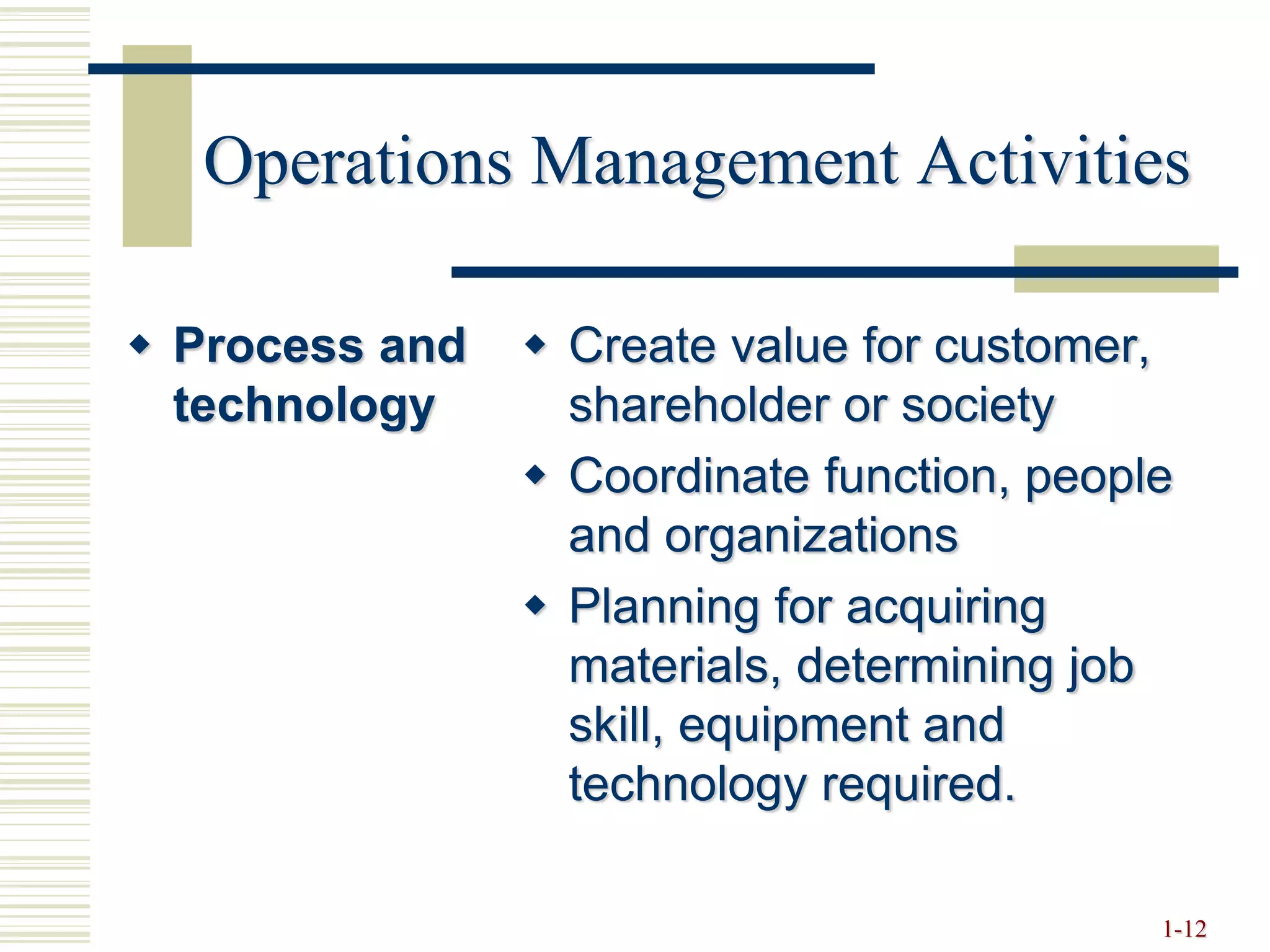 Operations Management Activities
 Process and
technology
 Create value for customer,
shareholder or society
 Coordinate function, people
and organizations
 Planning for acquiring
materials, determining job
skill, equipment and
technology required.
1-12
 