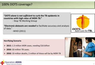100% DOTS coverage?
“DOTS alone is not sufficient to curb the TB epidemic in
countries with high rates of MDR-TB.”
- Stop TB Working Group

“Electronic datasets are needed to facilitate accuracy and analysis
of data.”
-WHO (2011)

Horrifying Scenario
 2015: 1.3 million MDR cases, needing $16 billion
 2050: 50 million TB cases.
 2050: 10 million deaths, 2 million of these will be by MDR-TB

3

 