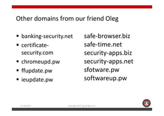 Other domains from our friend Oleg 
 banking-security.net 
 certificate-security. 
com 
 chromeupd.pw 
safe-browser.biz 
safe-time.net 
security-apps.biz 
security-apps.net 
11/10/2014 Copyright 2014 Trend Micro Inc. 
2 
 ffupdate.pw 
 ieupdate.pw 
sfotware.pw 
softwareup.pw 
 