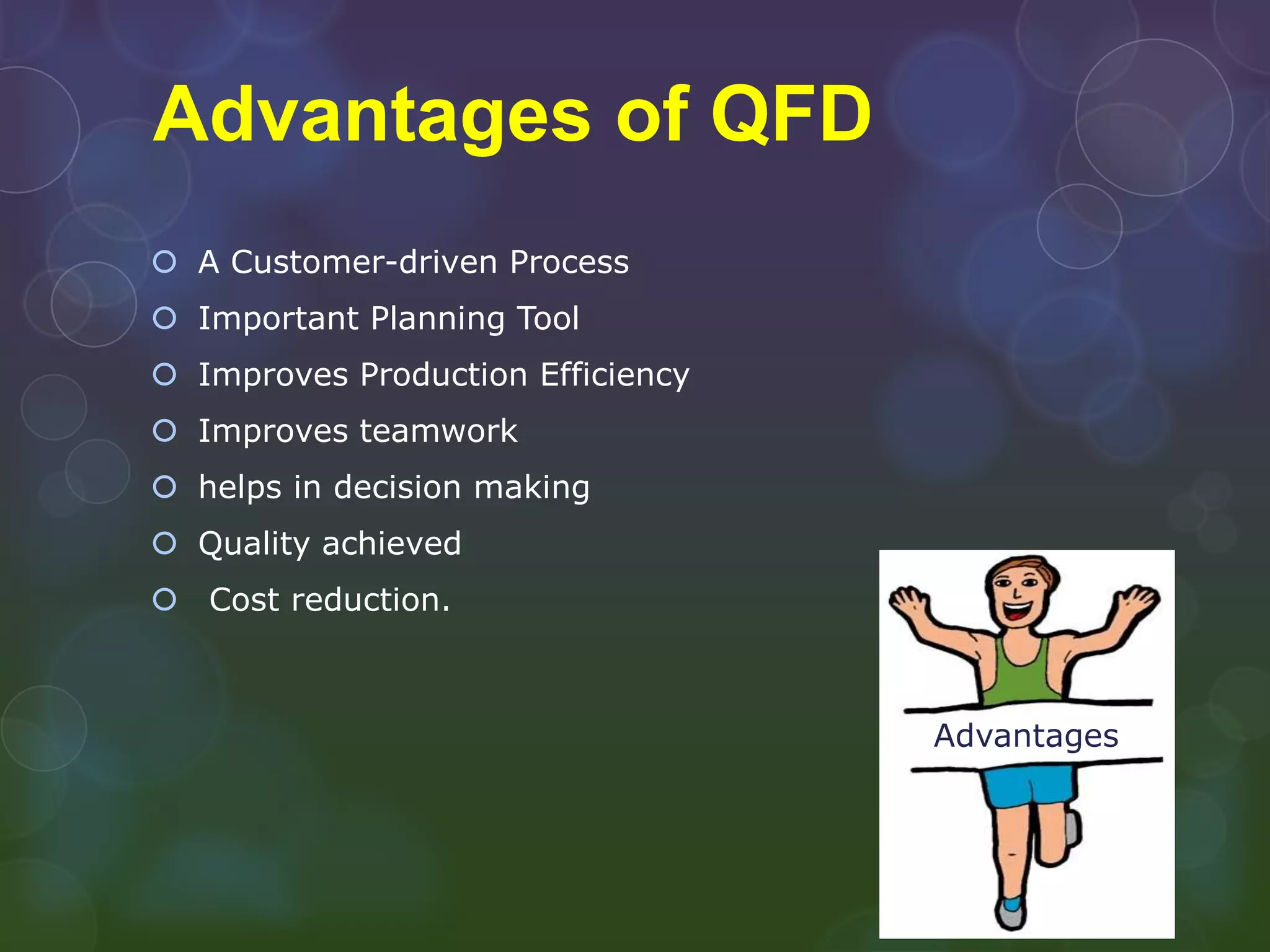 Advantages of QFD
 A Customer-driven Process
 Important Planning Tool
 Improves Production Efficiency
 Improves teamwork
 helps in decision making
 Quality achieved
 Cost reduction.



                                   Advantages
 