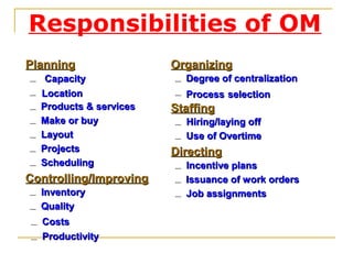 Responsibilities of OM
Products & servicesProducts & services
PlanningPlanning
– CapacityCapacity
– LocationLocation
–
– M...