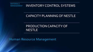 Human Resource Management
MATERIALS
MANAGEMENT INVENTORY CONTROL SYSTEMS
CAPACITY PLANNING OF NESTLE
PRODUCTION CAPACITY OF
NESTLE
 
