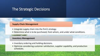The Strategic Decisions
• Integrate supply chain into the firm’s strategy.
• Determine what is to be purchased, from whom, and under what conditions.
Supply-Chain Management
• Inventory ordering and holding decisions.
• Optimize considering customer satisfaction, supplier capability, and production
schedules.
Inventory Management
 
