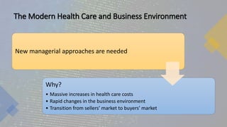 The Modern Health Care and Business Environment
New managerial approaches are needed
Why?
• Massive increases in health care costs
• Rapid changes in the business environment
• Transition from sellers’ market to buyers’ market
 