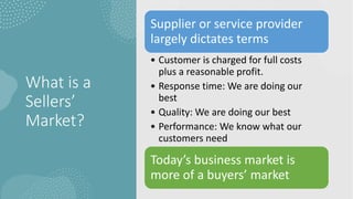 What is a
Sellers’
Market?
Supplier or service provider
largely dictates terms
• Customer is charged for full costs
plus a reasonable profit.
• Response time: We are doing our
best
• Quality: We are doing our best
• Performance: We know what our
customers need
Today’s business market is
more of a buyers’ market
 