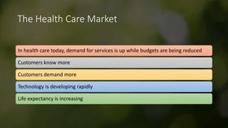 The Health Care Market
In health care today, demand for services is up while budgets are being reduced
Customers know more
Customers demand more
Technology is developing rapidly
Life expectancy is increasing
 