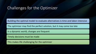 Challenges for the Optimizer
Building the optimal model to evaluate alternatives is time and labor-intensive
The optimizer may find the perfect solution, but it may come too late
In a dynamic world, changes are frequent
Timely decisions must be made
This makes life challenging for the optimizer
 