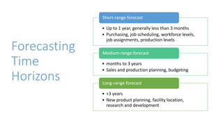 Forecasting
Time
Horizons
• Up to 1 year, generally less than 3 months
• Purchasing, job scheduling, workforce levels,
job assignments, production levels
Short-range forecast
• months to 3 years
• Sales and production planning, budgeting
Medium-range forecast
• +3 years
• New product planning, facility location,
research and development
Long-range forecast
 