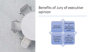 Benefits of Jury of executive
opinion
Quick and
easy method.
Pool's opinion
of
experienced,
well-informed
people.
For a young
company, it
may be the
only way.
When
statistics are
missing, there
can be no
other option
 