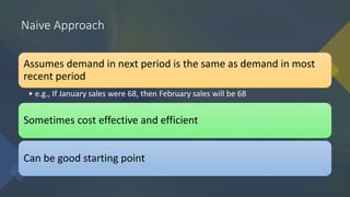 Naive Approach
Assumes demand in next period is the same as demand in most
recent period
• e.g., If January sales were 68, then February sales will be 68
Sometimes cost effective and efficient
Can be good starting point
 