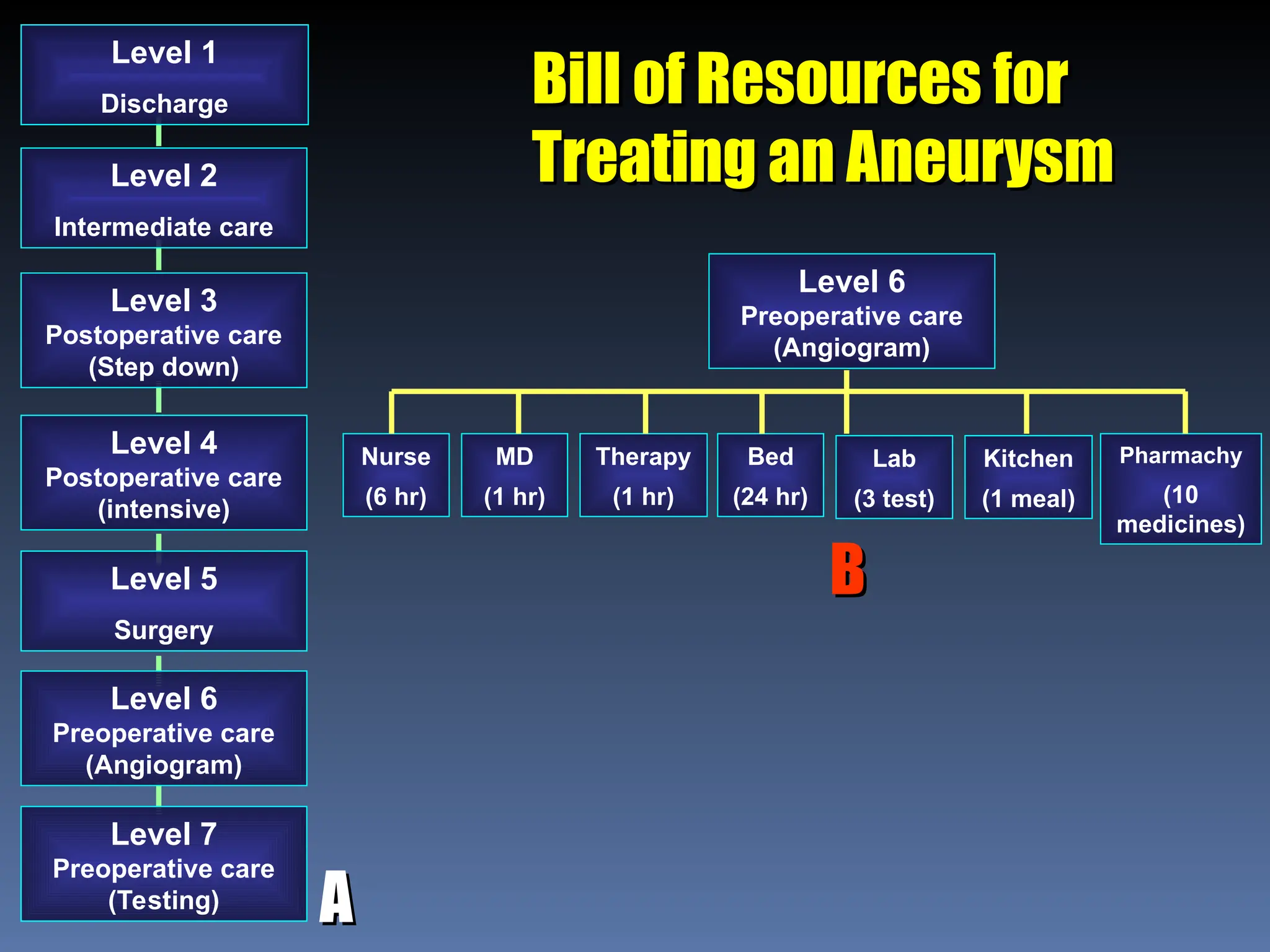 Bill of Resources for
Bill of Resources for
Treating an Aneurysm
Treating an Aneurysm
Level 1
Discharge
Level 2
Intermediate care
Level 3
Postoperative care
(Step down)
Level 5
Surgery
Level 4
Postoperative care
(intensive)
Level 6
Preoperative care
(Angiogram)
Level 7
Preoperative care
(Testing)
Level 6
Preoperative care
(Angiogram)
Nurse
(6 hr)
MD
(1 hr)
Therapy
(1 hr)
Bed
(24 hr)
Lab
(3 test)
Kitchen
(1 meal)
Pharmachy
(10
medicines)
B
B
A
A
 