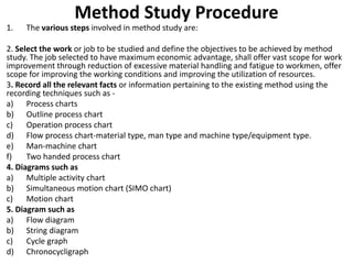 Method Study Procedure
1. The various steps involved in method study are:
2. Select the work or job to be studied and define the objectives to be achieved by method
study. The job selected to have maximum economic advantage, shall offer vast scope for work
improvement through reduction of excessive material handling and fatigue to workmen, offer
scope for improving the working conditions and improving the utilization of resources.
3. Record all the relevant facts or information pertaining to the existing method using the
recording techniques such as -
a) Process charts
b) Outline process chart
c) Operation process chart
d) Flow process chart-material type, man type and machine type/equipment type.
e) Man-machine chart
f) Two handed process chart
4. Diagrams such as
a) Multiple activity chart
b) Simultaneous motion chart (SIMO chart)
c) Motion chart
5. Diagram such as
a) Flow diagram
b) String diagram
c) Cycle graph
d) Chronocycligraph
 