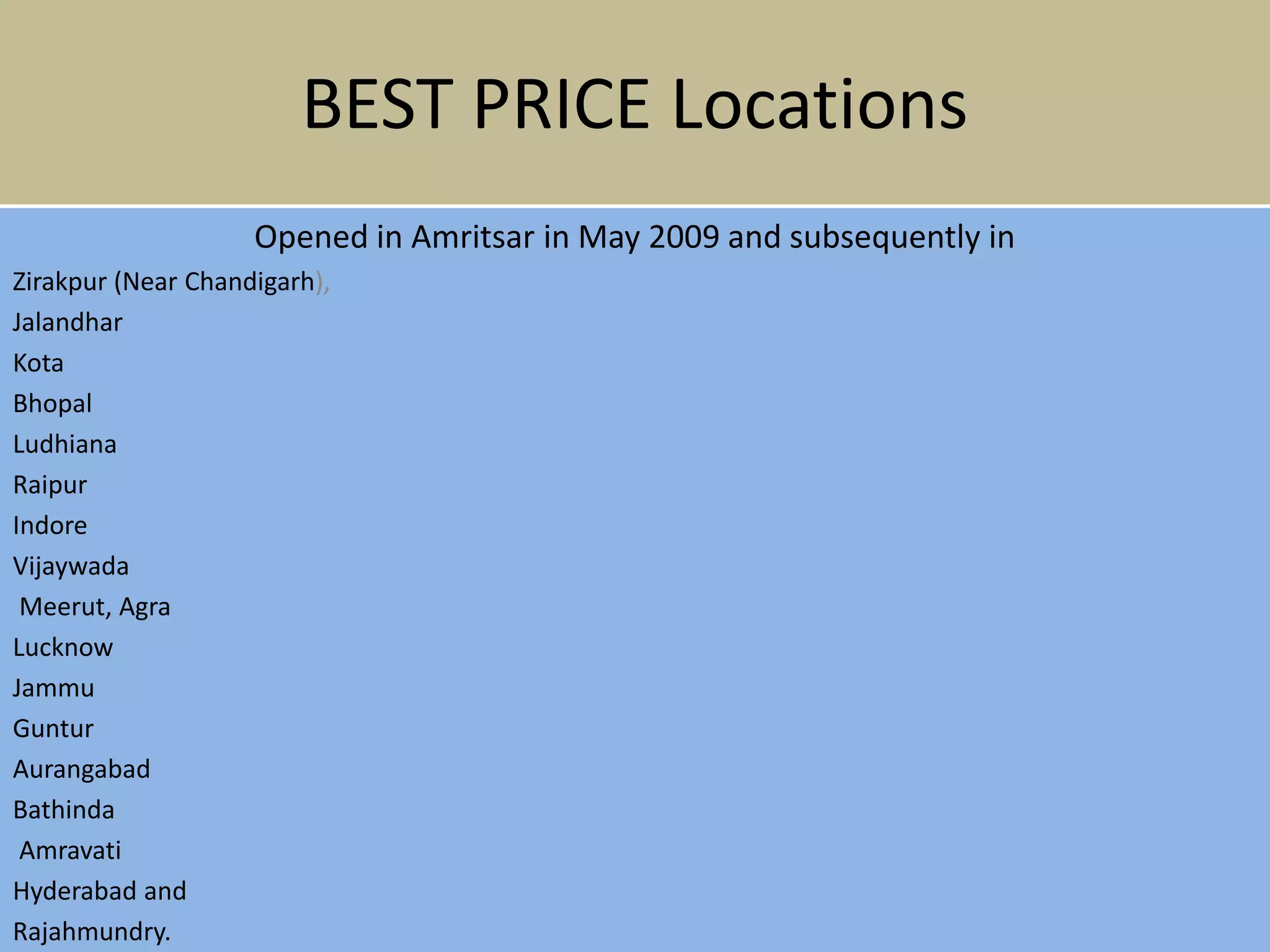 BEST PRICE Locations
Opened in Amritsar in May 2009 and subsequently in
Zirakpur (Near Chandigarh),
Jalandhar
Kota
Bhopal
Ludhiana
Raipur
Indore
Vijaywada
Meerut, Agra
Lucknow
Jammu
Guntur
Aurangabad
Bathinda
Amravati
Hyderabad and
Rajahmundry.
 