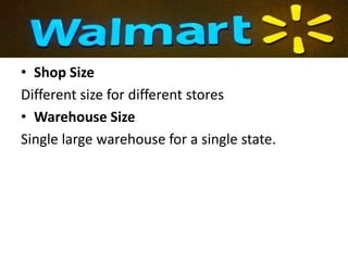 • Shop Size
Different size for different stores
• Warehouse Size
Single large warehouse for a single state.
 