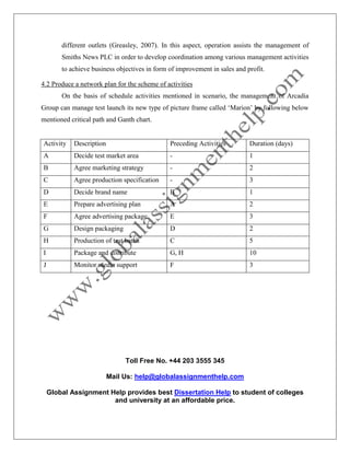 Toll Free No. +44 203 3555 345
Mail Us: help@globalassignmenthelp.com
Global Assignment Help provides best Dissertation Help to student of colleges
and university at an affordable price.
different outlets (Greasley, 2007). In this aspect, operation assists the management of
Smiths News PLC in order to develop coordination among various management activities
to achieve business objectives in form of improvement in sales and profit.
4.2 Produce a network plan for the scheme of activities
On the basis of schedule activities mentioned in scenario, the management of Arcadia
Group can manage test launch its new type of picture frame called ‘Marion’ by following below
mentioned critical path and Ganth chart.
Activity Description Preceding Activities Duration (days)
A Decide test market area - 1
B Agree marketing strategy - 2
C Agree production specification - 3
D Decide brand name B 1
E Prepare advertising plan A 2
F Agree advertising package E 3
G Design packaging D 2
H Production of test batch C 5
I Package and distribute G, H 10
J Monitor media support F 3
 