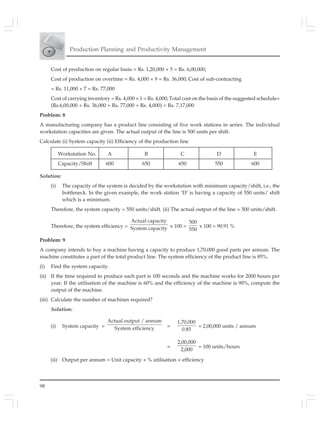 98
Production Planning and Productivity Management
Cost of production on regular basis = Rs. 1,20,000 × 5 = Rs. 6,00,000;
Cost of production on overtime = Rs. 4,000 × 9 = Rs. 36,000; Cost of sub-contracting
= Rs. 11,000 × 7 = Rs. 77,000
Cost of carrying inventory = Rs. 4,000 × 1 = Rs. 4,000; Total cost on the basis of the suggested schedule=
(Rs.6,00,000 + Rs. 36,000 + Rs. 77,000 + Rs. 4,000) = Rs. 7,17,000
Problem: 8
A manufacturing company has a product line consisting of five work stations in series. The individual
workstation capacities are given. The actual output of the line is 500 units per shift.
Calculate (i) System capacity (ii) Efficiency of the production line
Workstation No. A B C D E
Capacity/Shift 600 650 650 550 600
Solution:
(i) The capacity of the system is decided by the workstation with minimum capacity/shift, i.e., the
bottleneck. In the given example, the work station ‘D’ is having a capacity of 550 units/ shift
which is a minimum.
Therefore, the system capacity = 550 units/shift. (ii) The actual output of the line = 500 units/shift.
Therefore, the system efficiency =
Actual capacity
System capacity x 100 =
500
550
x 100 = 90.91 %
Problem: 9
A company intends to buy a machine having a capacity to produce 1,70,000 good parts per annum. The
machine constitutes a part of the total product line. The system efficiency of the product line is 85%.
(i) Find the system capacity.
(ii) If the time required to produce each part is 100 seconds and the machine works for 2000 hours per
year. If the utilisation of the machine is 60% and the efficiency of the machine is 90%, compute the
output of the machine.
(iii) Calculate the number of machines required?
Solution:
(i) System capacity =
Actual output / annum
System efficiency =
1,70,000
0.85
= 2,00,000 units / annum
=
2,00,000
2,000
= 100 units/hours
(ii) Output per annum = Unit capacity × % utilisation × efficiency
 