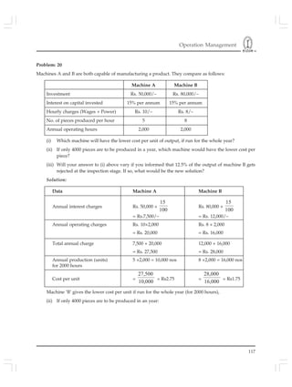 Operation Management
117
Problem: 20
Machines A and B are both capable of manufacturing a product. They compare as follows:
Machine A Machine B
Investment Rs. 50,000/– Rs. 80,000/–
Interest on capital invested 15% per annum 15% per annum
Hourly charges (Wages + Power) Rs. 10/– Rs. 8/–
No. of pieces produced per hour 5 8
Annual operating hours 2,000 2,000
(i) Which machine will have the lower cost per unit of output, if run for the whole year?
(ii) If only 4000 pieces are to be produced in a year, which machine would have the lower cost per
piece?
(iii) Will your answer to (i) above vary if you informed that 12.5% of the output of machine B gets
rejected at the inspection stage. If so, what would be the new solution?
Solution:
Data Machine A Machine B
Annual interest charges Rs. 50,000 ×
100
15
Rs. 80,000 ×
100
15
= Rs.7,500/– = Rs. 12,000/–
Annual operating charges Rs. 10×2,000 Rs. 8 × 2,000
= Rs. 20,000 = Rs. 16,000
Total annual charge 7,500 + 20,000 12,000 + 16,000
= Rs. 27,500 = Rs. 28,000
Annual production (units) 5 ×2,000 = 10,000 nos 8 ×2,000 = 16,000 nos
for 2000 hours
Cost per unit =
10,000
27,500
= Rs2.75 =
16,000
28,000
= Rs1.75
Machine ‘B’ gives the lower cost per unit if run for the whole year (for 2000 hours),
(ii) If only 4000 pieces are to be produced in an year:
 