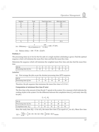 Operation Management
147
(iv) Efficiency = = × =
× ×
T 195
100 77.38%
No.of stations C 5 50.4
(v) Balance delay = 100 - 77.38 = 22.62%
Problem: 4
The processing times (tj
) in hrs for the five jobs of a single machine scheduling is given. Find the optimal
sequence which will minimise the mean flow time and find the mean flow time.
Determine the sequence which will minimise the weighted mean flow time and also find the mean flow
time
Station Task Task time (sec) Idle time (sec)
S1
A 45 5.4
S2
D 50 0.4
S3
B 11 3.4
E 15
C 09
F 12
S4
G 12 6.4
H 12
I 12
J 8
S5
K 9 41.4
Job (j) 1 2 3 4 5
Processing time (tj
) hrs 30 8 10 28 16
Solution:
(a) First arrange the jobs as per the shortest processing time (SPT) sequence.
Job (j) 2 3 5 4 1
Processing time (tj
) hrs 8 10 16 28 30
Job (j) 2 3 5 4 1
Processing time (tj
) hrs 8 10 16 28 30
Completion time (Cj
) 8 18 34 62 92
Therefore, the job sequence that minimises the mean flow time is 2-3-5-4-1.
Computation of minimum flow time (F min)
The flow time is the amount of time the job ‘f’ spends in the system. It is a measure which indicates the
waiting of jobs in the system. It is the difference between the completion time (Cj
) and ready time (Rj
)
for job j.
Fj
= Cj
- Rj
Since the ready time (Rj
) = 0 for all j, the mean flow time ( j
F )is equal to Cj
for all j. Mean flow time
( F ) =
n
j
j 1
1 1 1
F [8 18 34 62 92] [214] 42.8
n 5 5=
= + + + + = =∑ hours
 