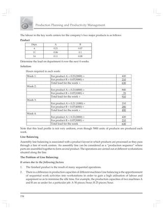 154
Production Planning and Productivity Management
The labour in the key work centers for the company’s two major products is as follows
Product
Dept. A B
4 0.21 0.07
11 0.06 0.1
14 0.11 0.08
Determine the load on department 4 over the next 4 weeks.
Solution:
Hours required in each week:
Week 1: For product A = 0.21(2000) = 420
For product B = 0.07(3000) = 210
Total load for the week = 630
Week 2:
For product A = 0.21(4000) = 840
For product B = 0.07(1000) = 70
Total load for the week = 910
Week 3:
For product A = 0.21 (1000) = 210
For product B = 0.07(4000) = 280
Total load for the week = 490
Week 4:
For product A = 0.21(2000) = 420
For product B = 0.07(3000) = 210
Total load for the week 630
Note that this load profile is not very uniform, even though 5000 units of products are produced each
week.
Line Balancing
Assembly line balancing is associated with a product layout in which products are processed as they pass
through a line of work centres. An assembly line can be considered as a “production sequence” where
parts are assembled together to form an end product. The operations are carried out at different workstations
situated along the line.
The Problem of Line Balancing:
It arises due to the following factors
1. The finished product is the result of many sequential operations.
2. There is a difference in production capacities of different machines Line balancing is the apportionment
of sequential work activities into workstations in order to gain a high utilisation of labour and
equipment so as to minimise the idle time. For example, the production capacities of two machines A
and B are as under for a particular job: A 50 pieces/hour; B 25 pieces/hour.
 