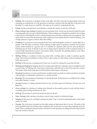 Overview of Production Process
6
• Drilling: The work piece is clamped on the work table and drill is fed into for generating a hole and
enlarging an existing hole. It is the operation of making a uniform hole through the work piece with
the help of a cutter known as ‘drill bit’. The hole can be made by rotating the job also.
• Facing: Facing is an operation of producing a smooth flat surface on the face of the job.
• Flame cutting or gas cutting: It employs an oxyacetylene torch, which may be directed either by hand
or pantograph and cuts up to 40inch.thickness. Flame cutting is an inexpensive method. Gas cutting
is the process of heating the metal to red hot temperature and then oxidising it by an oxygen jet. The
metal oxide is removed by the pressure of the oxygen jet. Oxyacetylene flame is used for heating. A jet
of high pressure oxygen is used to effect the cutting.
• Grinding: It is a process of removing the metal form and finishing the surface of a metal object by a
grinder with the help of abrasive wheel rotating at high speed. It produces smooth and accurate
surface finely finished at a quicker rate. It is suitable for repetitive jobs and for mass production.
Grinding may be done on the job of any size or shape and on internal as well as external surfaces. It
ensures high dimensional accuracy and surface finish. Normally the grinding follows some other
machining like turning and milling etc.
• Milling: Milling is a method of removing metal with a milling cutter in order to produce specific
shape. The function of milling is to dress a flat or other surface to a fine finish, surface forming of gear
teeth, keyways etc.
• Parting: In this process, a parting tool or hack-saw is used for cutting off a part from the job.
• Plaining and Shaping: In shaping, the tool is reciprocated while the work piece moves straight forward
at each stroke. In Plaining, the work piece reciprocates while the tool is moved for each new stroke.
The shaper takes small work pieces and the planer takes larger work pieces.
• Punching: It produces cut-outs or perforations on plate surface e.g. holes in washer and slots in channels
with the help of combination tool known as “punch and die”.
• Reaming: The main purpose of reaming is to smooth the hole. In this process, a multiple point cutting
tool called ‘Reamer’ is used.
• Sawing: Sawing is a cutting operation done by saw. Common types are Hacksaw, Circular saw and
Band saw.
• Screw cutting: It is a process of cutting screw threads on the outside surface of a job with the help of
a multiple point cutting tool known as ‘Die’.
• Slotting: This process is used to produce the slots on the job.
• Taper Turning: After turning, it produces conical shape instead of cylindrical shape.
• Tapping: In this process, a multiple cutting tool called “Tap” is used for making threads on the inside
surface of a hole.
• Turning: The work piece mounted on the lathe rotates at high speed above its axis. The path of the
tool is parallel to the axis and the cutter is applied to the work piece as it turns thus chipping away the
metal. Then a cylindrical external surface is formed. It is the operation of cutting and removing material
from the surface of the job.
 