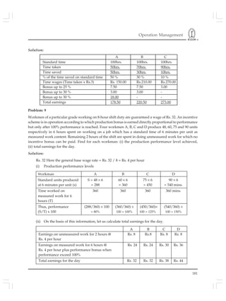 Operation Management
181
Problem: 9
Workmen of a particular grade working on 8-hour shift duty are guaranteed a wage of Rs. 32. An incentive
scheme is in operation according to which production bonus is earned directly proportional to performance
but only after 100% performance is reached. Four workmen A, B, C and D produce 48, 60, 75 and 90 units
respectively in 6 hours spent on working on a job which has a standard time of 6 minutes per unit as
measured work content. Remaining 2 hours of the shift are spent in doing unmeasured work for which no
incentive bonus can be paid. Find for each workman: (i) the production performance level achieved,
(ii) total earnings for the day.
Solution:
Rs. 32 Here the general base wage rate = Rs. 32 / 8 = Rs. 4 per hour
(i) Production performance levels
Workman A B C D
Standard units produced S = 48 × 6 60 × 6 75 × 6 90 × 6
at 6 minutes per unit (s) = 288 = 360 = 450 = 540 mins.
Time worked on 360 360 360 360 mins.
measured work for 6
hours (T)
Thus, performance (288/360) × 100 (360/360) × (450/360)× (540/360) ×
(S/T) x 100 = 80% 100 = 100% 100 = 125% 100 = 150%
(ii) On the basis of this information, let us calculate total earnings for the day.
A B C D
Earnings on unmeasured work for 2 hours @ Rs. 8 Rs.8 Rs. 8 Rs. 8
Rs. 4 per hour
Earnings on measured work for 6 hours @ Rs. 24 Rs. 24 Rs. 30 Rs. 36
Rs. 4 per hour plus performance bonus when
performance exceed 100%
Total earnings for the day Rs. 32 Rs. 32 Rs. 38 Rs. 44
A B C
Standard time 100hrs. 100hrs. 100hrs.
Time taken 50hrs. 70hrs. 90hrs.
Time saved 50hrs. 30hrs. 10hrs.
% of the time saved on standard time 50 % 30 % 10 %
Time wages (Time taken x Rs.3) Rs. 150.00 Rs.210.00 Rs.270.00
Bonus up to 25 % 7.50 7.50 3.00
Bonus up to 30 % 3.00 3.00 -
Bonus up to 30 % 18.00 - -
Total earnings 178.50 220.50 273.00
Solution:
 