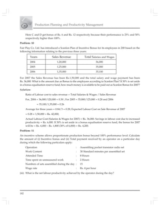 182
Production Planning and Productivity Management
Here C and D get bonus of Rs. 6 and Rs. 12 respectively because their performance is 25% and 50%
respectively higher than 100%.
Problem: 10
Fair Play Co. Ltd. has introduced a Scanlon Plan of Incentive Bonus for its employees in 200 based on the
following information relating to the previous three years:
Years Sales Revenue Total Salaries and Wages
2004 1,20,000 36,000
2005 1,25,000 35,000
2006 1,35,000 35,100
For 2007 the Sales Revenue has been Rs.1,50,000 and the total salary and wage payment has been
Rs. 36,000. What is the amount due as Bonus to the employees according to Scanlon Plan? If 30% is set aside
in a bonus equalisation reserve fund, how much money is available to be paid out as Scanlon Bonus for 2007?
Solution:
Ratio of Labour cost to sales revenue = Total Salaries & Wages / Sales Revenue
For, 2004 = 36,000/120,000 = 0.30 ; For 2005 = 35,000/125,000 = 0.28 and 2006
= 35,100/1,35,000 = 0.26
Average for three years = 0.84/3 = 0.28; Expected Labour Cost on Sale Revenue of 2007
= 0.28 × 1,50,000 = Rs. 42,000;
Actual Labour Cost (Salaries & Wages for 2007) = Rs. 36,000. Savings in labour cost due to increased
productivity = Rs. 6,000. If 30% is set aside in a bonus equalisation reserve fund, the bonus for 2007
will be = Rs. 6,000 – Rs. 1,800 (30% of 6,000) = Rs. 4,200.
Problem: 11
An incentive scheme allows proportionate production bonus beyond 100% performance level. Calculate
the amount of (i) Incentive bonus and (ii) Total payment received by an operator on a particular day
during which the following particulars apply:
Operation : Assembling pocket transistor radio set
Work Content : 30 Standard minutes per assembled set
Attended Time : 8 Hours
Time spent on unmeasured work : 2 Hours
Numbers of sets assembled during the day : 15
Wage rate : Rs. 4 per hour
(iii) What is the net labour productivity achieved by the operator during the day?
 