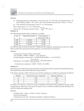 184
Production Planning and Productivity Management
Solution:
(i) Standard performance (100 points) = (7½ hours × 60) ÷ 20 = 22.5 units; Actual performance = 27
units. Efficiency rating % = (27 / 22.5) × 100 = 120%; Incentive bonus per day = (20/5) × 1 = Rs. 4/-
(ii) Time required for producing 27 units; 27 × 20 = 540 minutes.
Time actually spent = 7½ × 60 = 450 minutes
Time saved = 90 minutes; Incentive bonus =
90 30
50%
450
×
× =Rs. 3/-
Problem: 14
The following information about a company is available
Year Sales Revenue (Rs.) Total employee
Remmeration (Rs.)
2004 2, 40,000 72, 000
2005 2, 50, 000 70, 000
2006 2, 70,000 70, 200
For 2007, the sales revenue has been Rs. 3, 00,000 and the employee remuneration has been Rs. 72,000.
What would be the amount due to the employees, if a Scanlon Plan is introduced?
Solution:
Average sales revenue for three years period
= Rs. (2,40,000 + 250000 + 270000) / 3 = Rs. 253333.33/-
Average employee remuneration = (72,000+70,000+70,200) / 3 = Rs. 70,733.33/-
Total bonus = Rs. 3,00,000
Rs.70,733.33
Rs.84,000 (approx.)
Rs.2,53,333.33
× =
.
.
. Amount due to employees = 84,000 – 72,000 = Rs. 12,000/-
Problem: 15
Manufacture of a component requires operations to be performed on three machines P, Q and R respectively,
the standard times and operator efficiency being as follows:
If the factory operates 2 shifts of 8 hours each and the machines are available for production throughout
Machine Standard hours per component Operator efficiency
P 0.16 80%
Q 0.23 100%
R 0.09 90%
the shifts on six days in a week, how many of machines P, Q and R will be required to produce 4,800
components per week? How many hours of capacity, if any, would be available from the machines P, Q
and R for doing other jobbing work?
Solution:
Available hours = 6 days × 2 shifts × 8 hours = 96 hours.
Actual hours Required
= (Standard hrs. per unit × Production quantity) / Operator efficiency
 