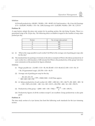 Operation Management
187
Solution:
(i) Overall productivity= (80,000 / 90,000) × 100 = 88.89% (ii) Total incentive = Rs. 6 lacs (iii) Earnings
of A = (6,00,000 /90,000) × 150 = Rs. 1,000; Earnings of B = (6,00,000 /90,000) × 200 = Rs. 1,333.33
Problem: 20
A soap factory adopts the piece rate system for its packing section, the rate being 10 paise. There is a
guaranteed wage of Rs. 20 per day. The following data is available in regard to the number of soap cakes
packed per day.
(a) (i) What is the wage payable to each worker? (ii) What is the average cost of packing per soap cake
for the day?
(b) The standard time for packing is 4 minutes in the above example.(i) What is the labour productivity of
each worker for a shift duration of 480 minutes?(ii) What is the productivity of the group? (iii) Give
your comments on the productivity figures obtained.
Solution:
(i) Wages payable are – (A) 800 × 0.10 = Rs. 80; (B) 600 × 0.10 =Rs.60; (C) 100 × 0.10 = Rs. 10
= Rs. 20 (guaranteed wage) ; (D) 700 × 0.l0 = Rs.70
(ii) Average cost of packing per soap for the day
=
80 60 20 70
100
800 600 100 700
+ + +
×
+ + +
= 23000/2200 = 10.45 Paise approx.
(b) (i) labour productivity of each worker (A) : [800 ÷ (480/4)] × 100 = 666.7%; (B) : [600 ÷ 480 / 4]
× 100 = 500%; (C): [100 ÷ 480 / 4] × 100 = 83.3% ; (D): [700 ÷ 480 / 4] × 100 = 583.3%
(ii) Productivity of the group = [(800 + 600 + 100 + 700)] ÷
480 4
4
×
× 100 = 458.3%,
(iii) Productivity figures of all the workers except C are excellent. Group productivity is also quite
good.
Problem: 21
The time study section of a tyre factory has fixed the following work standards for the tyre trimming
section:
Worker No. of soap cakes packed
A 800
B 600
C 100
D 700
 
