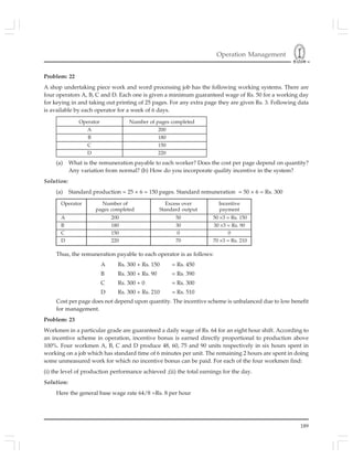Operation Management
189
Problem: 22
A shop undertaking piece work and word processing job has the following working systems. There are
four operators A, B, C and D. Each one is given a minimum guaranteed wage of Rs. 50 for a working day
for keying in and taking out printing of 25 pages. For any extra page they are given Rs. 3. Following data
is available by each operator for a week of 6 days.
Operator Number of Excess over Incentive
pages completed Standard output payment
A 200 50 50 ×3 = Rs. 150
B 180 30 30 ×3 = Rs. 90
C 150 0 0
D 220 70 70 ×3 = Rs. 210
Operator Number of pages completed
A 200
B 180
C 150
D 220
(a) What is the remuneration payable to each worker? Does the cost per page depend on quantity?
Any variation from normal? (b) How do you incorporate quality incentive in the system?
Solution:
(a) Standard production = 25 × 6 = 150 pages. Standard remuneration = 50 × 6 = Rs. 300
Thus, the remuneration payable to each operator is as follows:
A Rs. 300 + Rs. 150 = Rs. 450
B Rs. 300 + Rs. 90 = Rs. 390
C Rs. 300 + 0 = Rs. 300
D Rs. 300 + Rs. 210 = Rs. 510
Cost per page does not depend upon quantity. The incentive scheme is unbalanced due to low benefit
for management.
Problem: 23
Workmen in a particular grade are guaranteed a daily wage of Rs. 64 for an eight hour shift. According to
an incentive scheme in operation, incentive bonus is earned directly proportional to production above
100%. Four workmen A, B, C and D produce 48, 60, 75 and 90 units respectively in six hours spent in
working on a job which has standard time of 6 minutes per unit. The remaining 2 hours are spent in doing
some unmeasured work for which no incentive bonus can be paid. For each of the four workmen find:
(i) the level of production performance achieved ;(ii) the total earnings for the day.
Solution:
Here the general base wage rate 64/8 =Rs. 8 per hour
 
