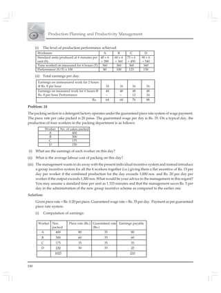 190
Production Planning and Productivity Management
(i) The level of production performance achieved:
Worker Nos. Piece rate (Rs.) Guaranteed rate Earnings payable
packed (Rs.)
A 400 80 35 80
B 300 60 35 60
C 175 35 35 35
D 150 30 35 35
1025 210
Worker No. of cakes packed
A 400
B 300
C 175
D 150
Workmen A B C D
Standard units produced at 6 minutes per 48 × 6 60 × 6 75 × 6 90 × 6
unit (S) = 288 = 360 = 450 = 540
Time worked on measured for 6 hours (T) 360 360 360 360
Performance (S/T) x 100 80 100 125 150
Earnings on unmeasured work for 2 hours
@ Rs. 8 per hour 16 16 16 16
Earnings on measured work for 6 hours @ 48 48 48 48
Rs. 8 per hour Performance – – 12 24
Rs. 64 64 76 88
(ii) Total earnings per day:
Problem: 24
The packing section in a detergent factory operates under the guaranteed piece rate system of wage payment.
The piece rate per cake packed is 20 paisa. The guaranteed wage per day is Rs. 35. On a typical day, the
production of four workers in the packing department is as follows:
(i) What are the earnings of each worker on this day?
(ii) What is the average labour cost of packing on this day?
(iii) The management wants to do away with the present individual incentive system and instead introduce
a group incentive system for all the 4 workers together (i.e.) giving them a flat incentive of Rs. 15 per
day per worker if the combined production for the day exceeds 1,000 nos. and Rs. 20 per day per
worker if the output exceeds 1,300 nos. What would be your advice to the management in this regard?
You may assume a standard time per unit as 1.333 minutes and that the management saves Rs. 5 per
day in the administration of the new group incentive scheme as compared to the earlier one.
Solution:
Given piece rate = Re. 0.20 per piece. Guaranteed wage rate = Rs. 35 per day. Payment as per guaranteed
piece rate system.
(i) Computation of earnings:
 