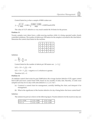 Operation Management
217
4 4 5 3
6 2 2 4
5 3 4 2
3 2 4 5
5 7 5 3
Control limits for p when a sample of 9000 is taken are:
p ± 3 3
(1 0.088(1 0.088)
0.088 0.09070and0.0790
9000 9000
− −
= ± =
p)
The value of 11.2% defective is very much outside the 3σ limits for the process.
Problem: 11
Twenty samples were taken from a cable-weaving machine while it is being operated under closely
controlled conditions. The number of defects per 100 meters for the samples is recorded in the chart below.
Determine the control chart limits for the machine.
Solution:
z =
78
3.9
20
= =
∑c
n
Control limits for the number of defects per 100 meters are: c ± 3 c
UCL = 3.9 + 3 3.9 = 9.8
LCL = 3.9 – 3 3.9 = negative or, 0, whichever is greater.
Therefore LCL = 0
Problem: 12
An attribute control chart exists for part 3146B shows the average fraction defective 0.125, upper control
limit 0.200 and lower control limit 0.050, based on two months of daily data. Recently, 12 units were
sampled each day for six days with units defective 2, 1, 2, 0, 3 & 3.
(a) Construct a control chart for management, carefully labelling the chart, and interpret it for
management.
(b) What is the significance of the fraction defective for day 4 being below the lower control limit?
Solution:
The solution for part (a) is shown in the following figure. Fraction defective for the recent six days are:
2/12 = 0.166 1/12 = 0.083 2/12 = 0.166
0/12 = 0 3/12 = 0.250 3/12 = 0.250
 