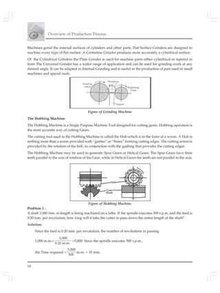 Overview of Production Process
18
Machines grind the internal surfaces of cylinders and other parts. Flat Surface Grinders are designed to
machine every type of flat surface. A Centreless Grinder produces more accurately a cylindrical surface.
Of the Cylindrical Grinders the Plain Grinder is used for machine parts either cylindrical or tapered in
from The Universal Grinder has a wider range of application and can be used for grinding work at any
desired angle. It can be adapted to Internal Grinding and is useful in the production of part used in small
machines and special tools.
Figure of Grinding Machine
The Hobbing Machine:
The Hobbing Machine is a Single Purpose Machine Tool designed for cutting gears. Hobbing operation is
the most accurate way of cutting Gears.
The cutting tool used in the Hobbing Machine is called the Hob which is in the form of a worm. A Hob is
nothing more than a screw provided with “gashes” or “flutes” forming cutting edges. The cutting action is
provided by the rotation of the hob, in conjunction with the gashing that provides the cutting edges.
The Hobbing Machine may be used to generate Spur Gears or Helical Gears. The Spur Gears have their
teeth parallel to the axis of rotation of the Gear, while in Helical Gears the teeth are not parallel to the axis.
Figure of Hobbing Machine
Problem 1 :
A shaft 1,000 mm. in length is being machined on a lathe. If the spindle executes 500 r.p.m. and the feed is
0.20 mm. per revolution, how long will it take the cutter to pass down the entire length of the shaft?
Solution:
Since the feed is 0.20 mm. per revolution, the number of revolutions in passing
1,000 m.m.=
1,000
0.20 m.m.
=5,000. Since the spindle executes 500 r.p.m.,
the Time required =
5,000
500
m.m. = 10 min.
 