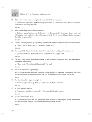 300
Objective Type Questions and Answers
88. When work centers are used in optimal sequence to do the jobs, we can:
(a) Minimise the set up time, (b) Minimse operation time, (c) Minimise the break down of machines,
(d) Minimise the utility of facility.
Ans.(a)
89. Route card and technological route card are:
(a) Different type of documents, (b) Same type of documents, (c) Route card shows route and
technological route card shows the technology used, (d) One is prepared by production manager,
dispatcher prepares other.
Ans.(b)
90. The card, which is prepared by dispatching department to book the labour involved in each operations:
(a) Labour card, (b) Wage card, (c) Credit card, (d) Job card
Ans.(d)
91. The card, which shows, the number of rejected products from total quantity produced is:
(a) Quality control card, (b) Inspection card, (c) Rejection card, (d) Job card.
Ans.(b)
92. The act of going round the production shop to note down the progress of work and feedback the
information is known as:
(a) Follow up, (b) Dispatching, (c) Routing, (d) Trip card.
Ans.(a)
93. One of the activities of expediting is:
(a ) To file the orders in sequence, (b) To decide the sequence of operation, (c) To record the actual
production against the scheduled production, (d) To examine the tools used in production.
Ans.(c)
94. The class timetable is a good example of:
(a) Route sheet, (b) Follow-up chart, (c) Dispatcher’s chart, (d) Gantt chart.
Ans.(d)
95. ‘Z’ chart is a chart used in:
(a) Programme control, (b) Job control, (c) Cost control,(d) Quality control.
Ans.(a)
96. Z-chart can be used to show:
(a) Process used in production, (b) Quality level of the product, (c) Both the plan and the performance,
and deviation from the plan, (d) To show cost structure of the product.
Ans.(c)
 