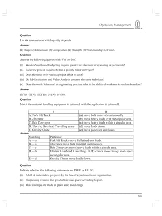 Operation Management
309
Question
List six resources on which quality depends.
Answer
(1) Shape (2) Dimension (3) Composition (4) Strength (5) Workmanship (6) Finish.
Question
Answer the following queries with ‘Yes’ or ‘No’.
(i) Would Zero-based budgeting require greater involvement of operating departments?
(ii) Is electric power required to run a gravity roller conveyor?
(iii) Does the time over-run in a project affect its cost?
(iv) Do Job-Evaluation and Value Analysis concern the same technique?
(v) Does the work ‘tolerance’ in engineering practice refer to the ability of workmen to endure boredom?
Answer
(i) Yes (ii) No (iii) Yes (iv) No (v) No.
Question
Match the material handling equipment in column I with the application in column II.
I II
A. Fork lift Truck (a) move bulk material continuously
B. Jib crane (b) move heavy loads over rectangular area
C. Belt Conveyor (c) move heavy loads within a circular area
D. Electric Overhead Travelling crane (d) move loads down
E. Gravity Chute (e) move palletised unit loads
r
Matching Particular
A — e Fork lift Trucks move Palletised unit loads.
B — a Jib cranes move bulk material continuously.
C — c Belt Conveyors move heavy loads within a circula area.
D — b Electric Overhead Travelling (EOT) cranes move heavy loads over
rectangular area.
E — d Gravity Chutes move loads down.
Question
Indicate whether the following statements are TRUE or FALSE:
(i) A bill of materials is prepared by the Sales Department in an organisation.
(ii) Progressing ensures that production takes place according to plan.
(iii) Most castings are made in green sand mouldings.
Answer
 