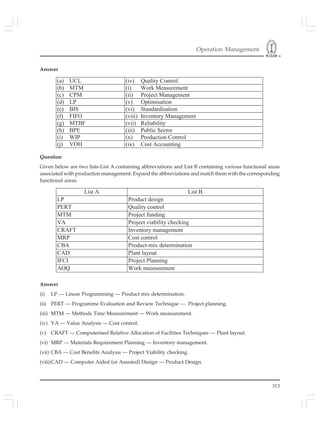 Operation Management
313
Answer
(a) UCL (iv) Quality Control
(b) MTM (i) Work Measurement
(c) CPM (ii) Project Management
(d) LP (v) Optimisation
(e) BIS (vi) Standardisation
(f) FIFO (viii) Inventory Management
(g) MTBF (vii) Reliability
(h) BPE (iii) Public Sector
(i) WIP (x) Production Control
(j) VOH (ix) Cost Accounting
Question
Given below are two lists-List A containing abbreviations and List B containing various functional areas
associated with production management. Expand the abbreviations and match them with the corresponding
functional areas.
List A List B
LP Product design
PERT Quality control
MTM Project funding
VA Project viability checking
CRAFT Inventory management
MRP Cost control
CBA Product-mix determination
CAD Plant layout
IFCI Project Planning
AOQ Work measurement
Answer
(i) LP — Linear Programming — Product mix determination.
(ii) PERT — Programme Evaluation and Review Technique — Project planning.
(iii) MTM — Methods Time Measurement — Work measurement.
(iv) VA — Value Analysis — Cost control.
(v) CRAFT — Computerised Relative Allocation of Facilities Techniques — Plant layout.
(vi) MRP — Materials Requirement Planning — Inventory management.
(vii) CBA — Cost Benefits Analysis — Project Viability checking.
(viii)CAD — Computer Aided (or Assisted) Design — Product Design.
 