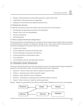Information System
327
• Quality of Human Resources and possible approach to improve their skill
• Applicability of business process re-engineering
• Integration of information from different functional areas
1.7.3 Planning the Operation
To make the information system more effective, the action plan has to be devised for :
• Development of organizational structure in IT department
• Fixation of new role and responsibilities
• Security management
• Risk Management
1.7.4 How to Support the Decision making Process
The important process in the planning is how to improve the use of information in efficient decision making
to formulate business strategy. For doing this, through review of the current system and procedure for
Information Management is essential which involves the review of the following :
• Current work volume
• Current application software and their life cycles
• Current technology environment and skill level
• Current performance of Information system
• User satisfaction
• Current Business Process and information structure
1.8 Information System Infrastructure
Information System Infrastructure means the physical resources and organizational support required for
operation of an information system. It consists of following six basic components:
• Hardware – Devices which store software, database and process data
• Software – Programs process data to generate reports
• Database – Data collected is stored in databases
• Network – Technology for sharing the data and other hardware resources
• People – Human resources to make the system operational.
Reports – Reports are generated by the software with the help of databases for the use by users (people).
 
