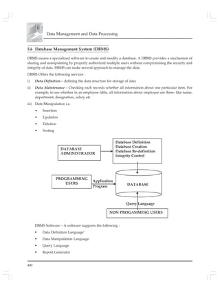 400
Data Management and Data Processing
5.6 Database Management System (DBMS)
DBMS means a specialized software to create and modify a database. A DBMS provides a mechanism of
sharing and manipulating by properly authorized multiple users without compromising the security and
integrity of data. DBMS can make several approach to manage the data.
DBMS Offers the following services :
i) Data Definition – defining the data structure for storage of data
ii) Data Maintenance – Checking each records whether all information about one particular item. For
example, to see whether in an employee table, all information about employee are there- like name,
department, designation, salary etc
iii) Data Manipulation i.e.
• Insertion
• Updation
• Deletion
• Sorting
DBMS Software – A software supports the following :
• Data Definition Language’
• Data Manipulation Language
• Query Language
• Report Generator
 