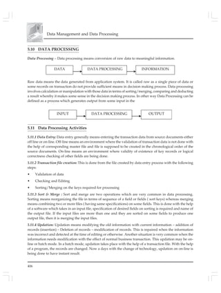406
Data Management and Data Processing
5.10 DATA PROCESSING
Data Processing – Data processing means conversion of raw data to meaningful information.
DATA PROCESSINGDATA INFORMATION
Raw data means the data generated from application system. It is called raw as a single piece of data or
some records on transaction do not provide sufficient means in decision making process. Data processing
involves calculation or manipulation with those data in terms of sorting/merging, comparing and deducting
a result whereby it makes some sense in the decision making process. In other way Data Processing can be
defined as a process which generates output from some input in the
DATA PROCESSINGINPUT OUTPUT
5.11 Data Processing Activities
5.11.1 Data Entry: Data entry generally means entering the transaction data from source documents either
off line or on-line. Off-line means an environment where the validation of transaction data is not done with
the help of corresponding master file and file is supposed to be created in the chronological order of the
source documents. On-line means an environment where validity of existence of key records or logical
correctness checking of other fields are being done.
5.11.2 Transaction file creation: This is done from the file created by data entry process with the following
steps:
• Validation of data
• Checking and Editing
• Sorting/Merging on the keys required for processing
5.11.3 Sort & Merge : Sort and merge are two operations which are very common in data processing.
Sorting means reorganizing the file in terms of sequence of a field or fields ( sort keys) whereas merging
means combining two or more files ( having same specifications) on some fields. This is done with the help
of a software which takes in an input file, specification of desired fields on sorting is required and name of
the output file. If the input files are more than one and they are sorted on some fields to produce one
output file, then it is merging the input files.
5.11.4 Updation: Updation means modifying the old information with current information – addition of
records (insertion) – Deletion of records – modification of records. This is repaired when the information
was incorrect and detected at the time of editing or otherwise. Another situation is very common when the
information needs modification with the effect of normal business transaction. This updation may be on-
line or batch mode. In a batch mode, updation takes place with the help of a transaction file. With the help
of a program, the records are changed. Now a days with the change of technology, updation on on-line is
being done to have instant result.
 