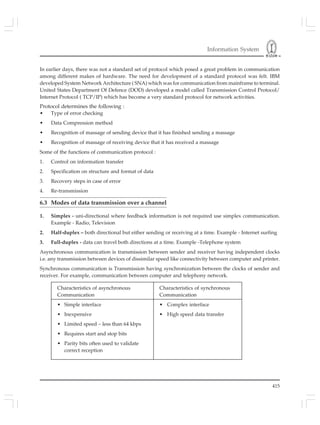 Information System
415
In earlier days, there was not a standard set of protocol which posed a great problem in communication
among different makes of hardware. The need for development of a standard protocol was felt. IBM
developed System Network Architecture ( SNA) which was for communication from mainframe to terminal.
United States Department Of Defence (DOD) developed a model called Transmission Control Protocol/
Internet Protocol ( TCP/IP) which has become a very standard protocol for network activities.
Protocol determines the following :
• Type of error checking
• Data Compression method
• Recognition of massage of sending device that it has finished sending a massage
• Recognition of massage of receiving device that it has received a massage
Some of the functions of communication protocol :
1. Control on information transfer
2. Specification on structure and format of data
3. Recovery steps in case of error
4. Re-transmission
6.3 Modes of data transmission over a channel
1. Simplex - uni-directional where feedback information is not required use simplex communication.
Example - Radio, Television
2. Half-duplex – both directional but either sending or receiving at a time. Example - Internet surfing
3. Full-duplex - data can travel both directions at a time. Example -Telephone system
Asynchronous communication is transmission between sender and receiver having independent clocks
i.e. any transmission between devices of dissimilar speed like connectivity between computer and printer.
Synchronous communication is Transmission having synchronization between the clocks of sender and
receiver. For example, communication between computer and telephony network.
Characteristics of asynchronous Characteristics of synchronous
Communication Communication
• Simple interface • Complex interface
• Inexpensive • High speed data transfer
• Limited speed – less than 64 kbps
• Requires start and stop bits
• Parity bits often used to validate
correct reception
 