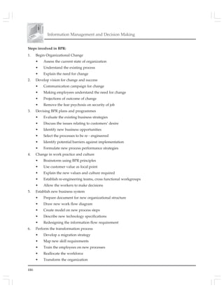 446
Information Management and Decision Making
Steps involved in BPR:
1. Begin Organizational Change
• Assess the current state of organization
• Understand the existing process
• Explain the need for change
2. Develop vision for change and success
• Communication campaign for change
• Making employees understand the need for change
• Projections of outcome of change
• Remove the fear psychosis on security of job
3. Devising BPR plans and programmes
• Evaluate the existing business strategies
• Discuss the issues relating to customers’ desire
• Identify new business opportunities
• Select the processes to be re - engineered
• Identify potential barriers against implementation
• Formulate new process performance strategies
4. Change in work practice and culture
• Brainstorm using BPR principles
• Use customer value as focal point
• Explain the new values and culture required
• Establish re-engineering teams, cross functional workgroups
• Allow the workers to make decisions
5. Establish new business system
• Prepare document for new organizational structure
• Draw new work flow diagram
• Create model on new process steps
• Describe new technology specifications
• Redesigning the information flow requirement
6. Perform the transformation process
• Develop a migration strategy
• Map new skill requirements
• Train the employees on new processes
• Reallocate the workforce
• Transform the organization
 